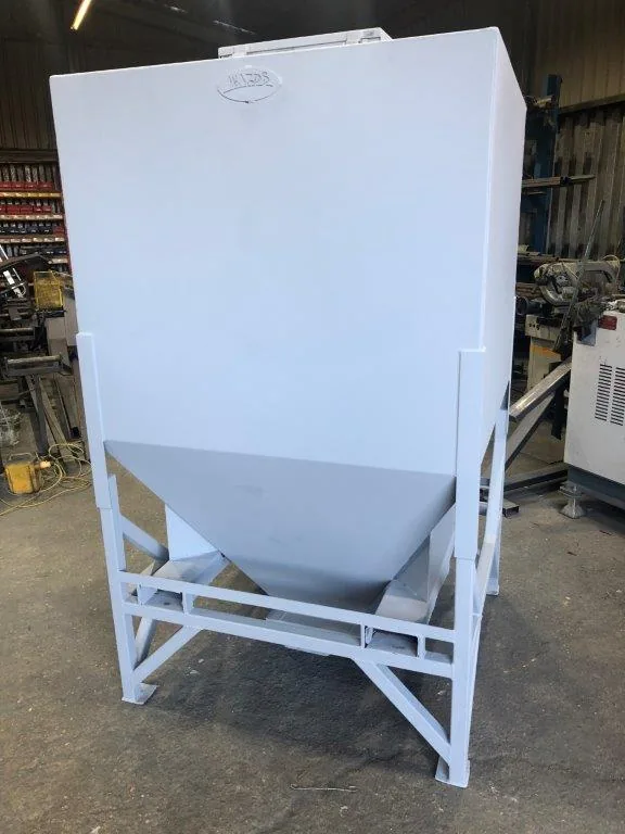 Powder coated steel hopper bin fabricated by Wards Welding and Fabrications