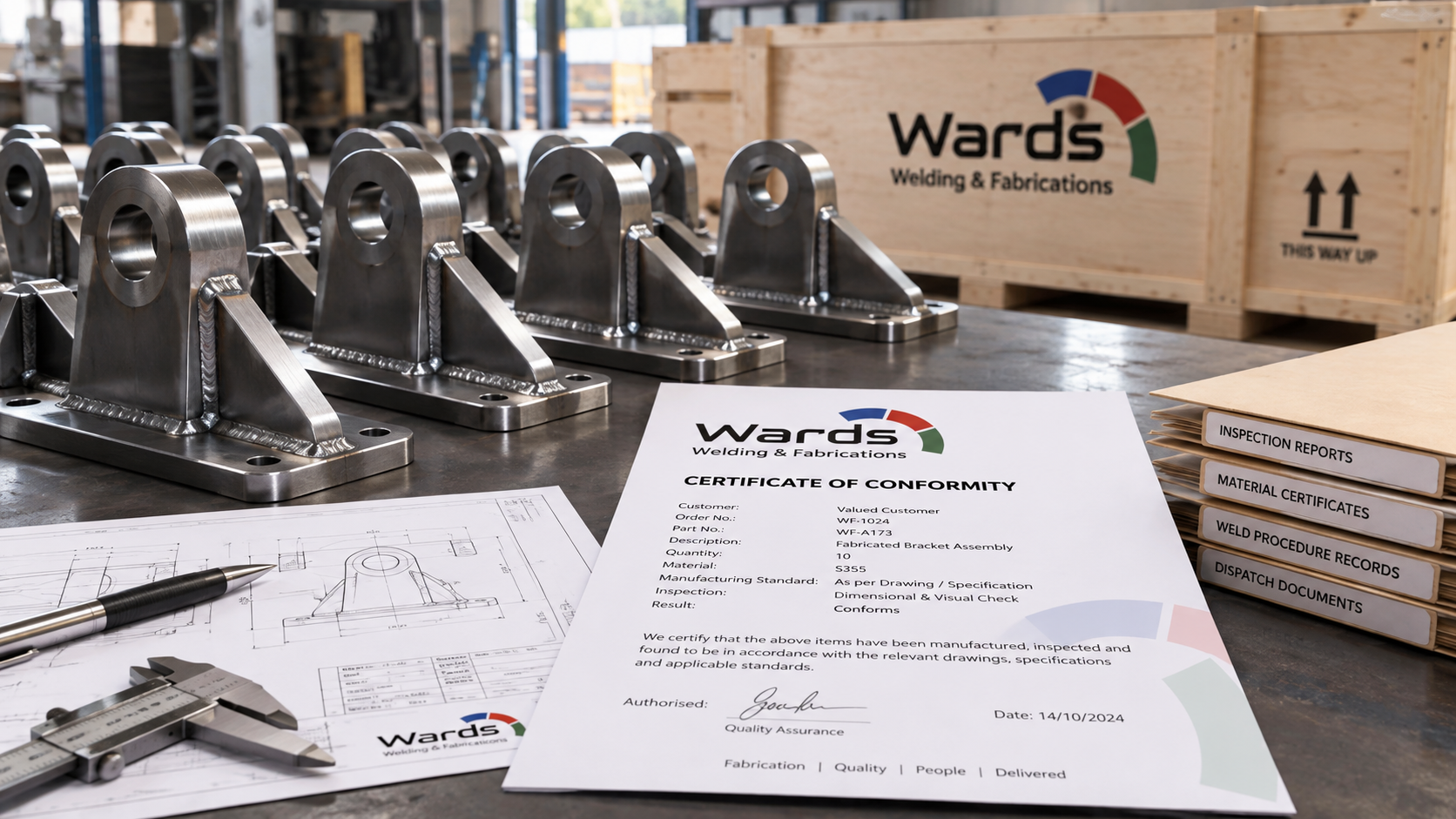 fabricated components supplied with Wards Certificate of Conformity and inspection documentation